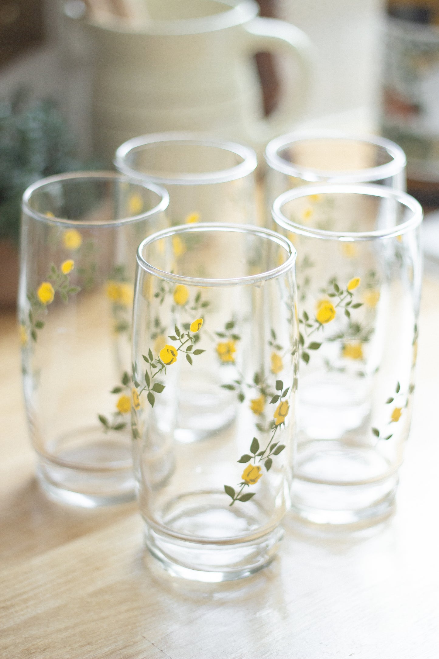 Darling Yellow Floral Rose Glass 5pc Set Vintage